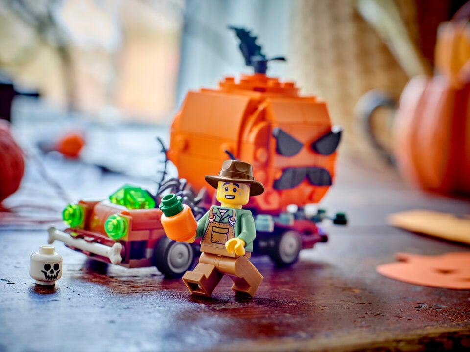 Close up of a pumpkin and a farmer made out of LEGO