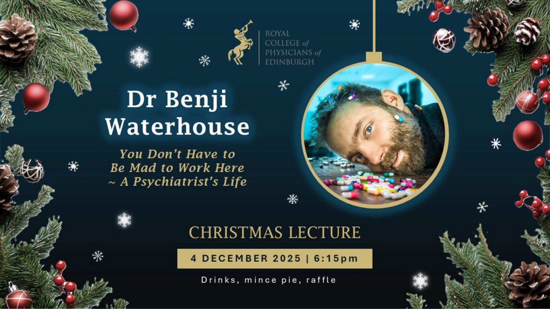 Poster image with Christmas garlands round the edge, and in the centre, a close-up of a man's head.