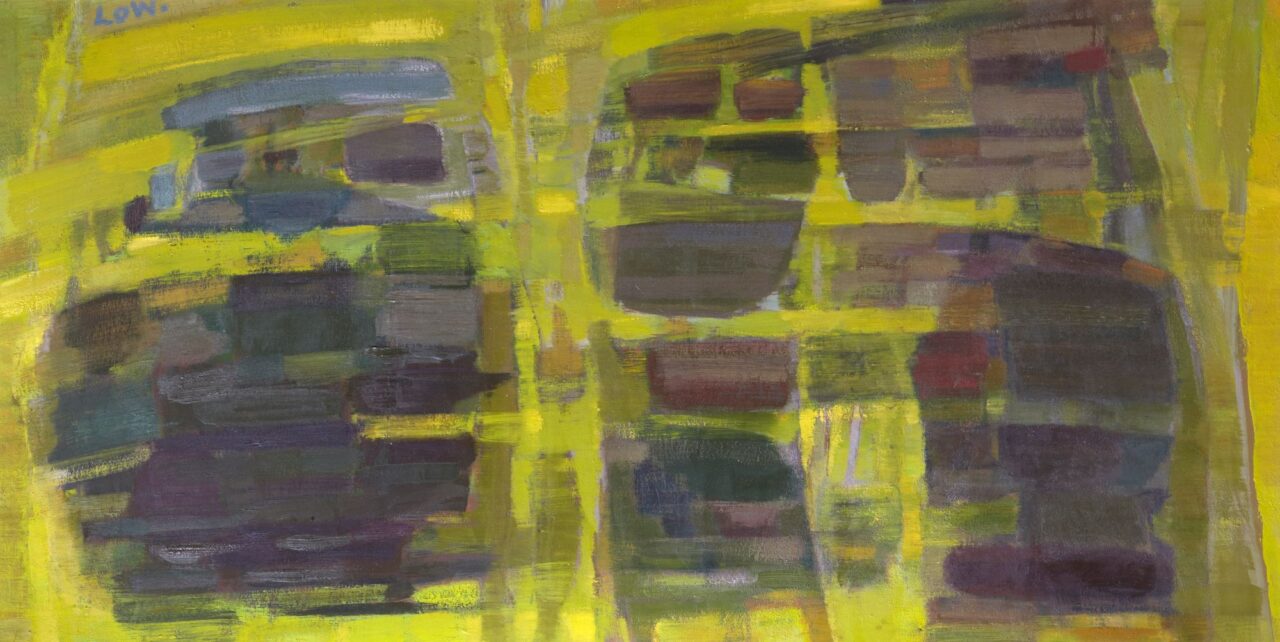 Abstract painting with yellow background and dark blue and brown marks.