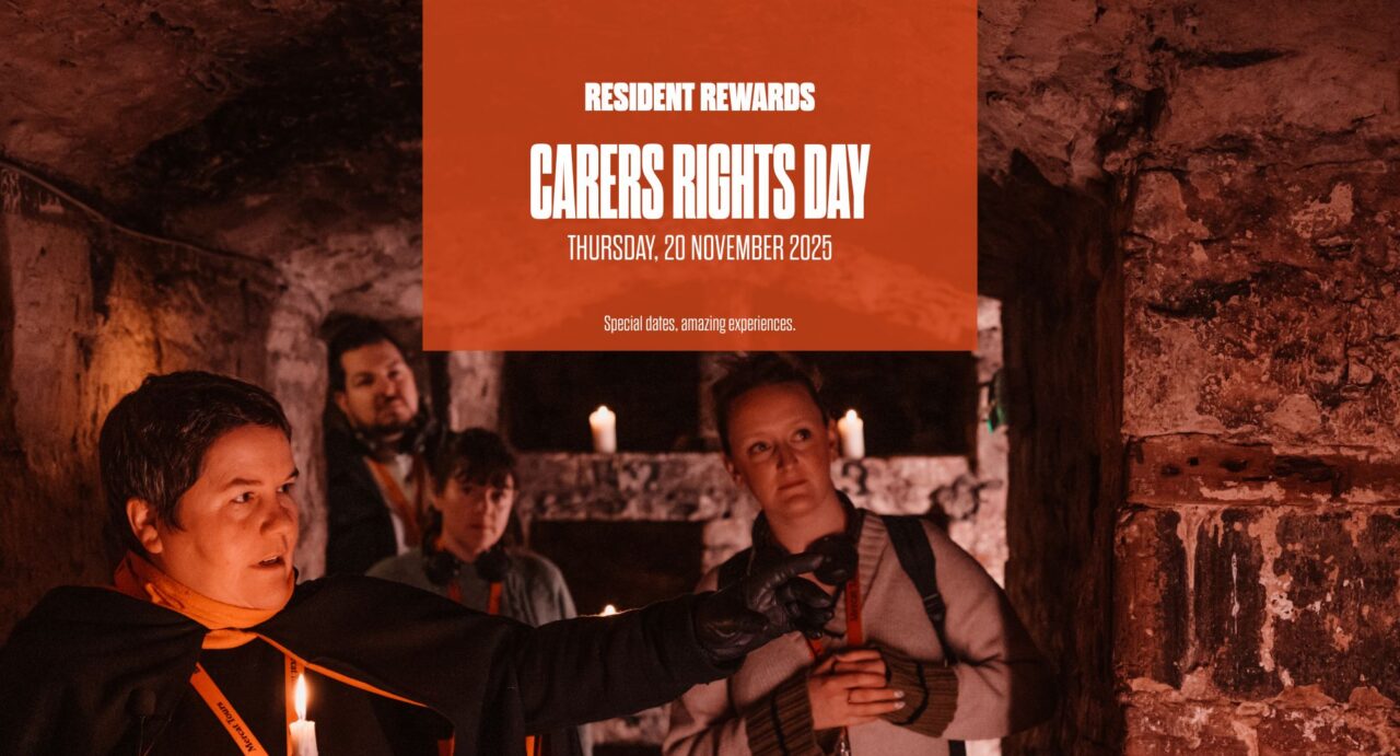 Orange box with writing saying Resident Rewards World Carers Day and the date. Image of guide at Mercat with tour group.