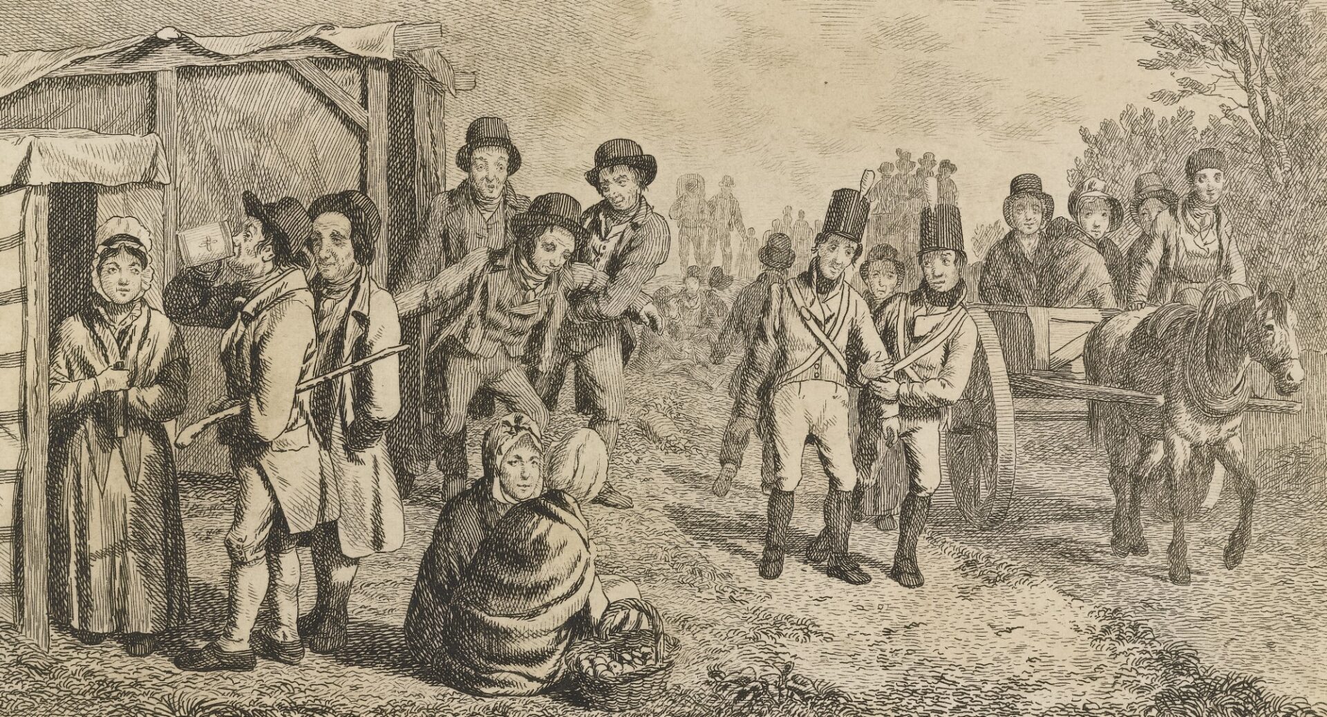 A black and white drawing showing solders, women sitting chatting, a horse pulling a cart full of people, people drinking, and people drunk.