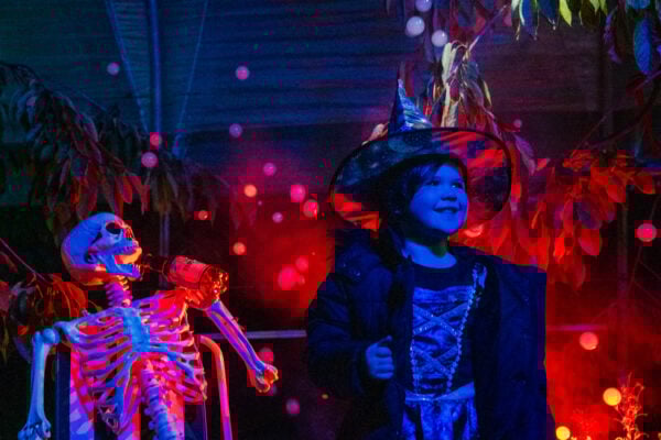 Young girl dressed as witch with skeleton in background.