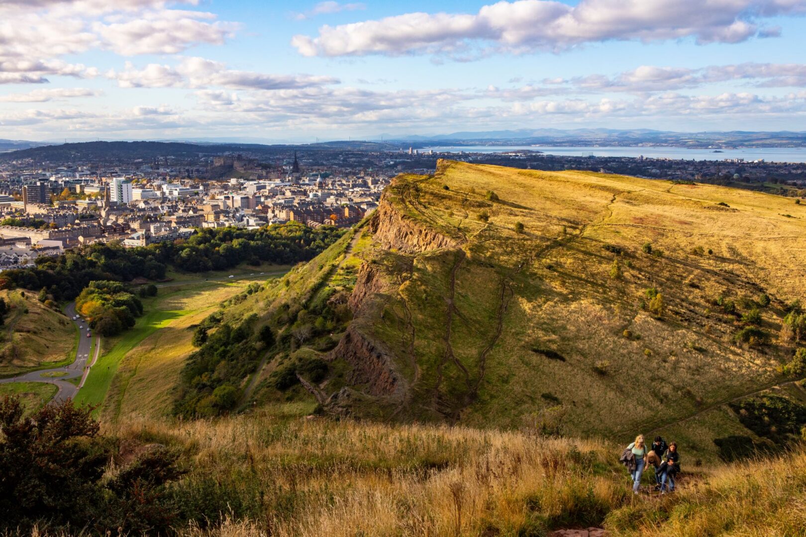 View of city skyline, against foreground of grassy bank and hilltop.
