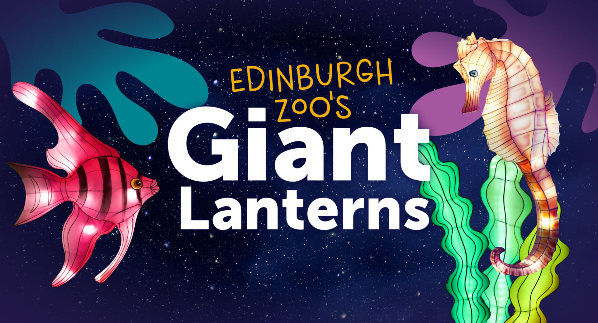 Poster image of a seahorse and red fish swimming amongst strands of seaweed.