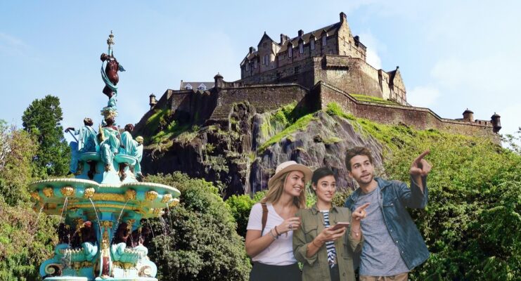 3 people on a Go Quest Adventure tour with Castle as background