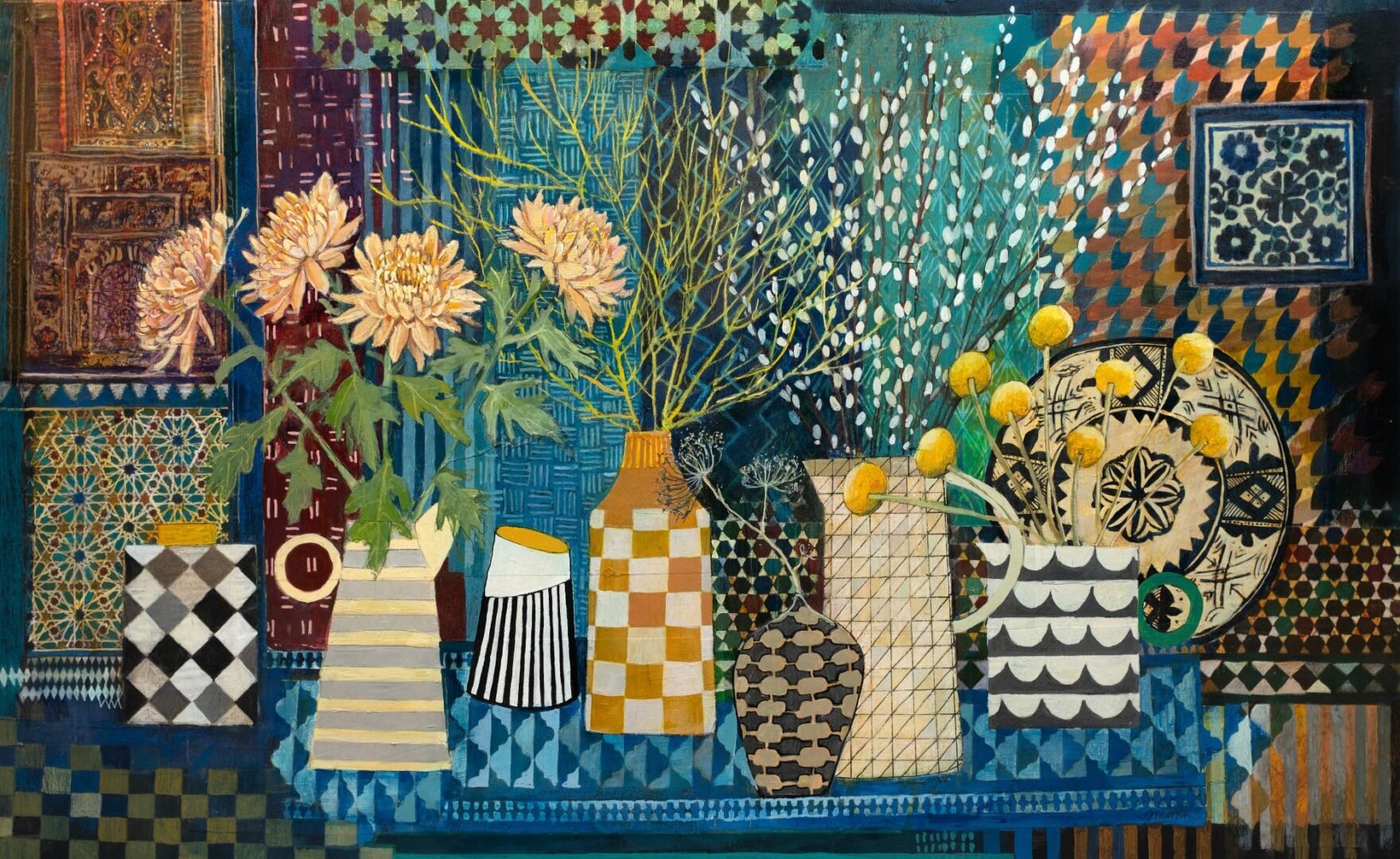 Painting in shades of blues, greens and yellows of vases of flowers sitting on a ledge.