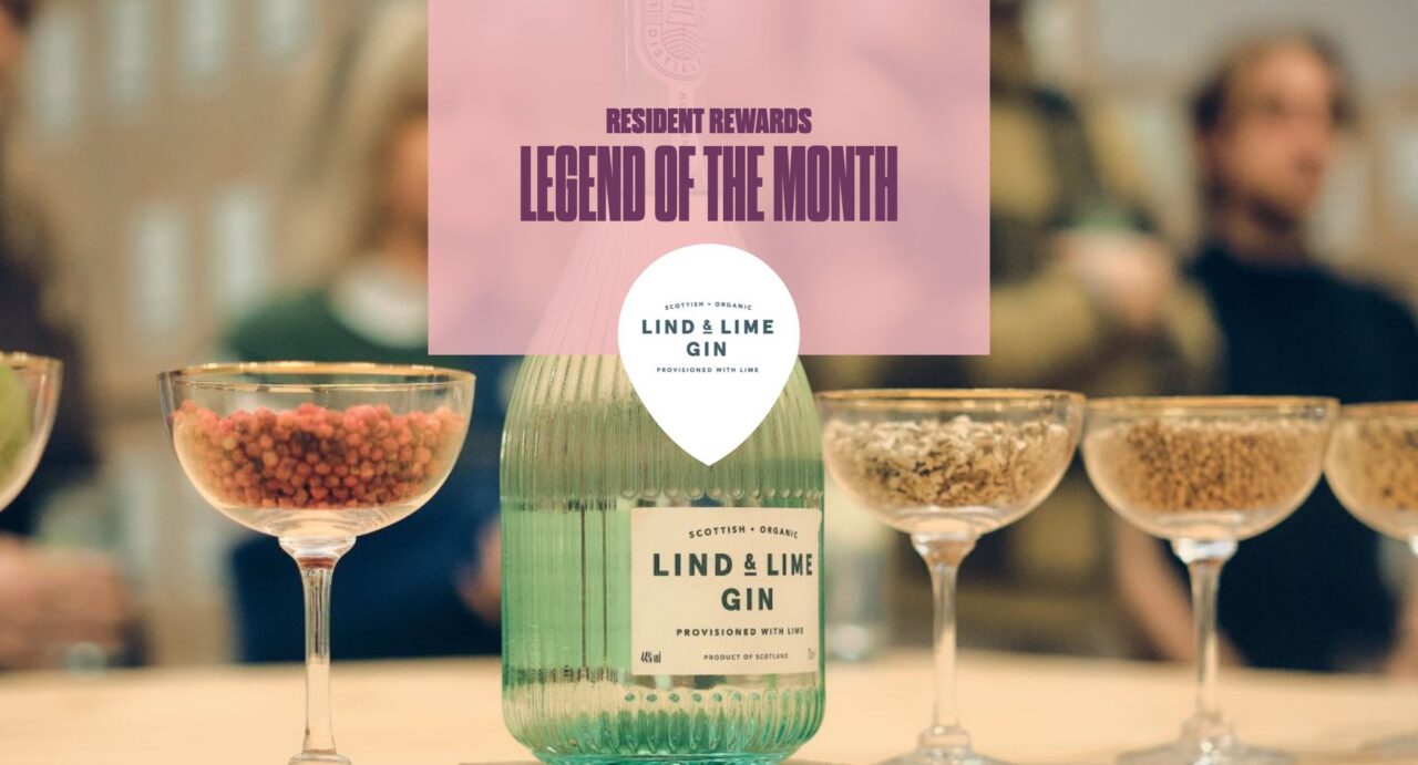 Image of Lind and Lime bottle of Gin and glasses from tasting tour. Pink box with text saying Legend of Month for Ocotber 2025.