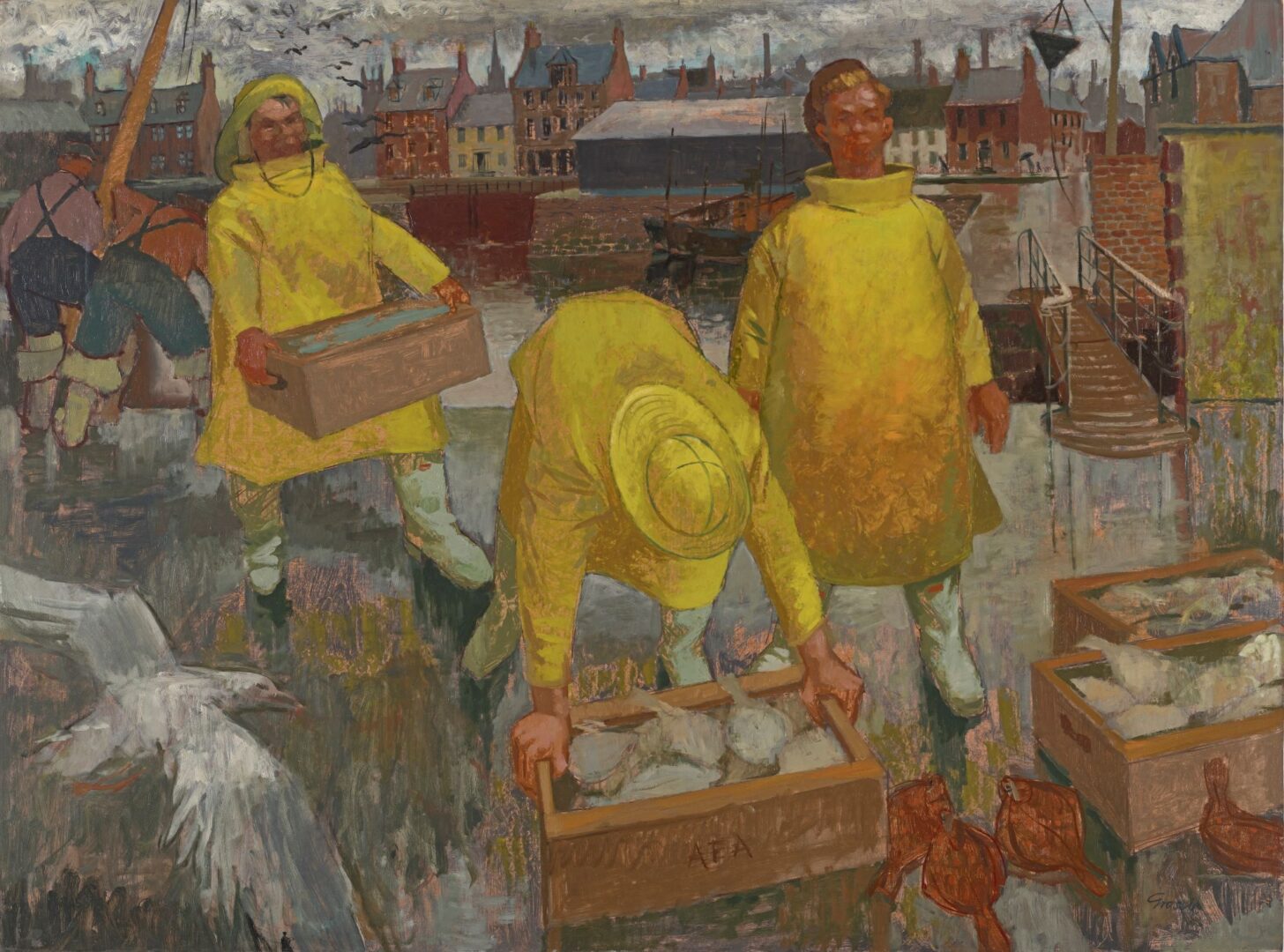 Painting of 3 figures in yellow waterproofs moving boxes of fish at a harbour.