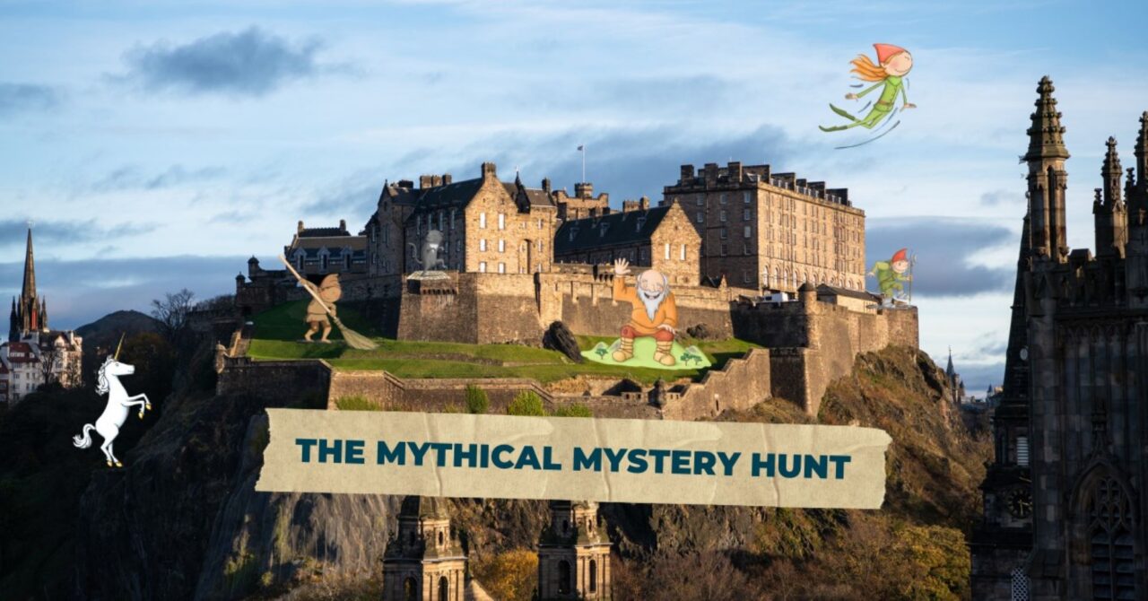 A castle, with cartoon fairies and unicorns flying through the air in front of it.