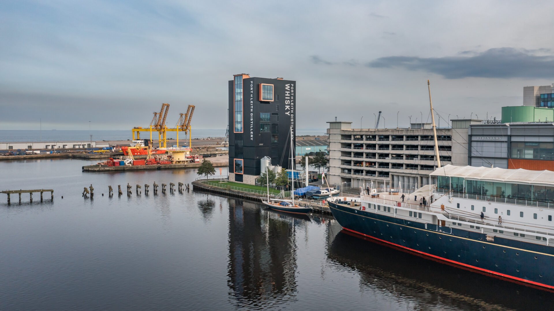 Photo of Port of Leith Distillery from a drone over the water