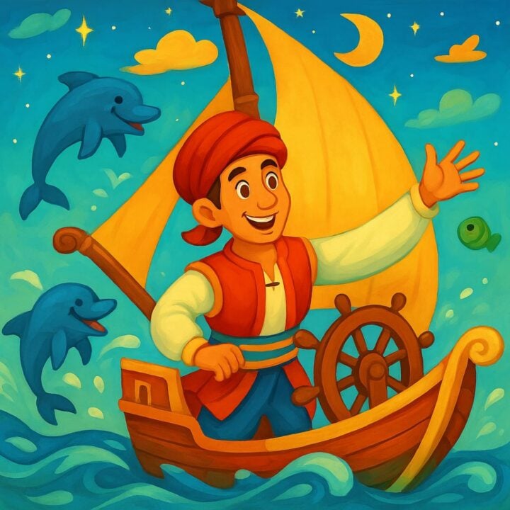 Cartoon image of a man on a boat.