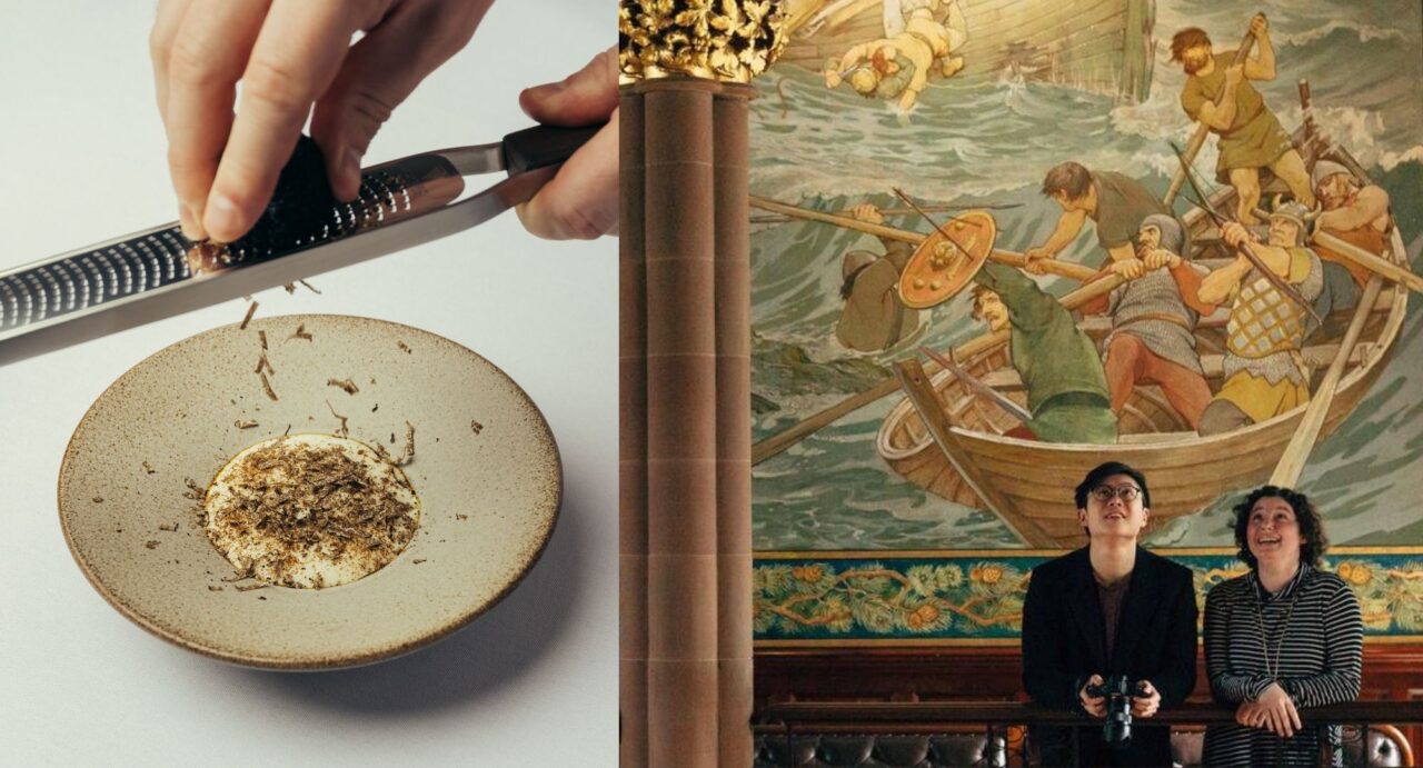 Split screen image of chocloate being grated onto a vanilla desert and two people at the National Portrait Gallery