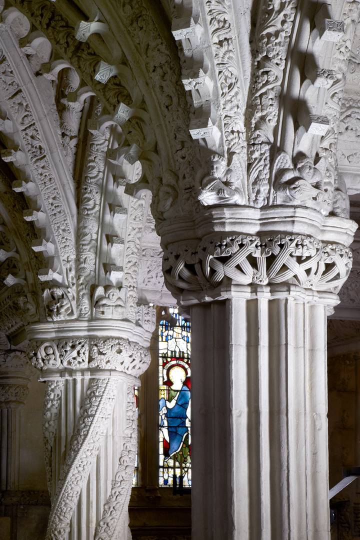 intricate stonework in the Chapel's pillars,© Rosslyn Chapel Trust