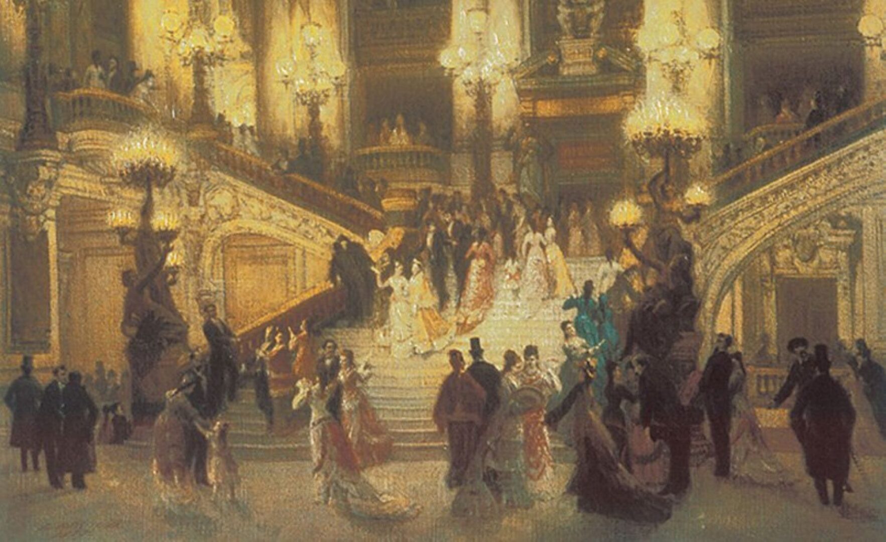 A painting of people in glamourous dresses and suits descending the stairs of a grand building.