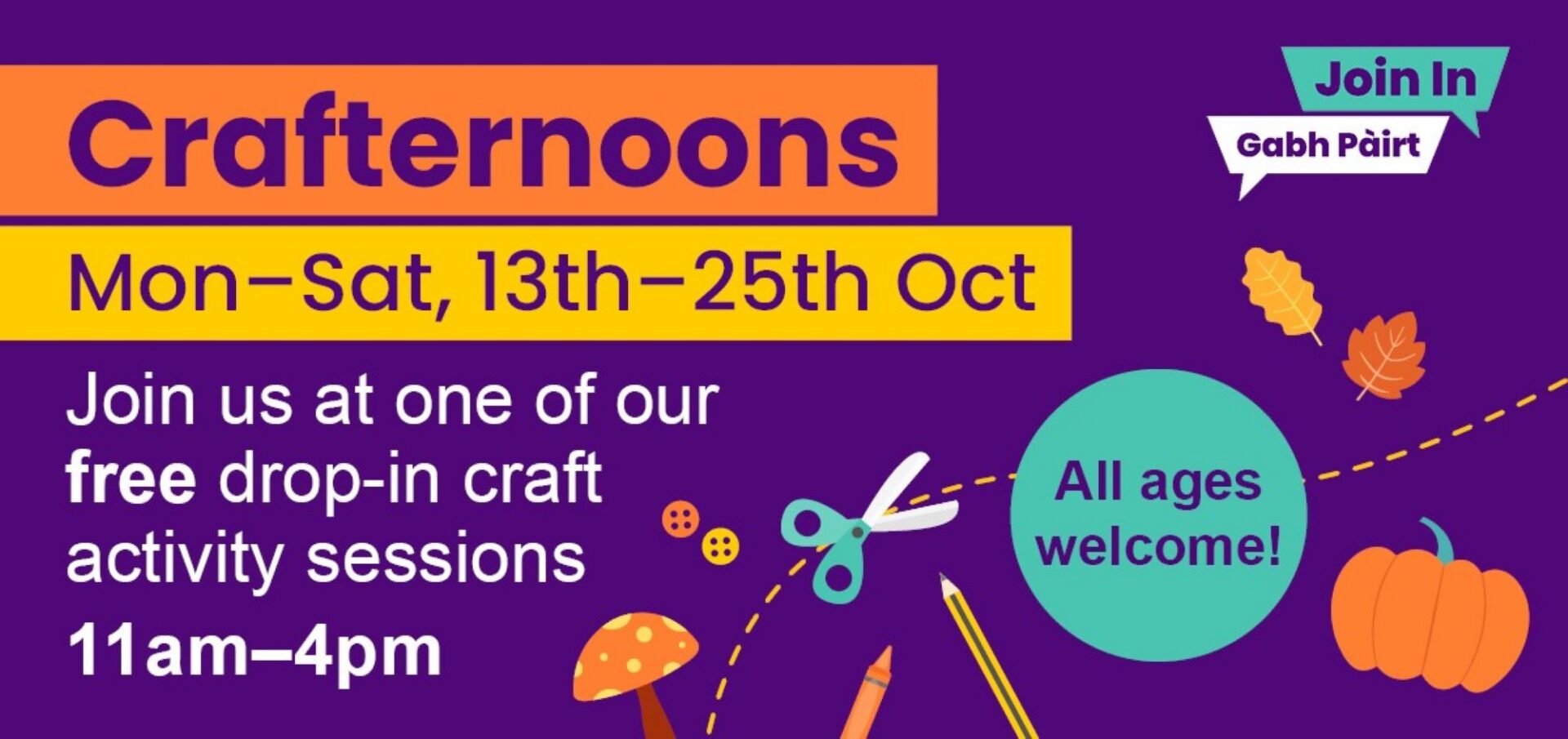 Poster image, with craft materials and pumpkins.