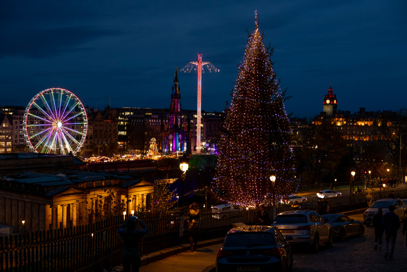 Edinburgh city scape at night with Christmas decorations