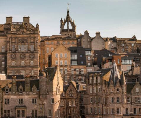 View at buildings of Edinburgh Old Town from Waverley Bridge