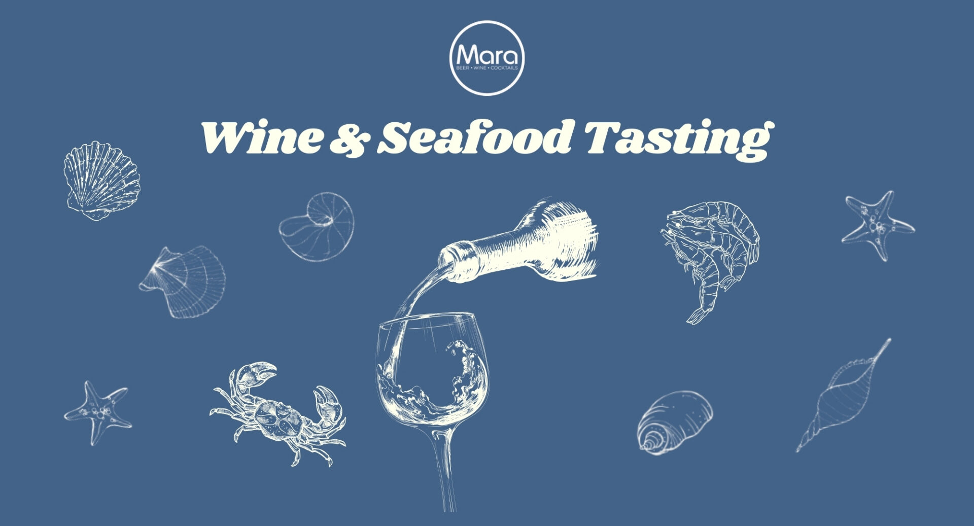 Blue poster with images of seafood and a wine being poured from a bottle.