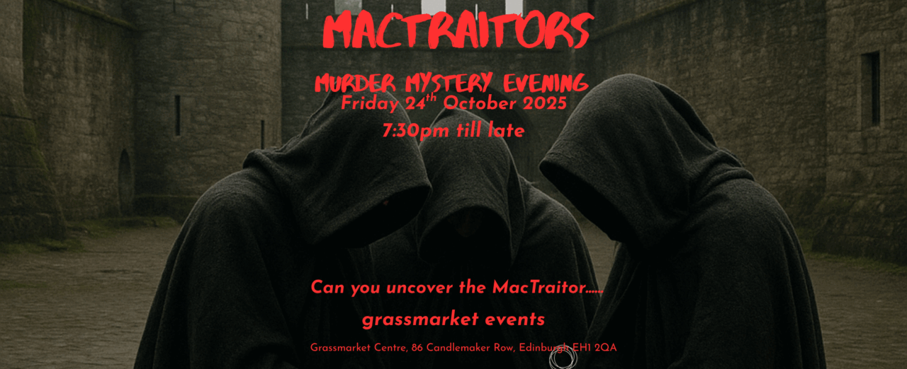 3 figures in hooded black cloaks stand in a semi-circle.