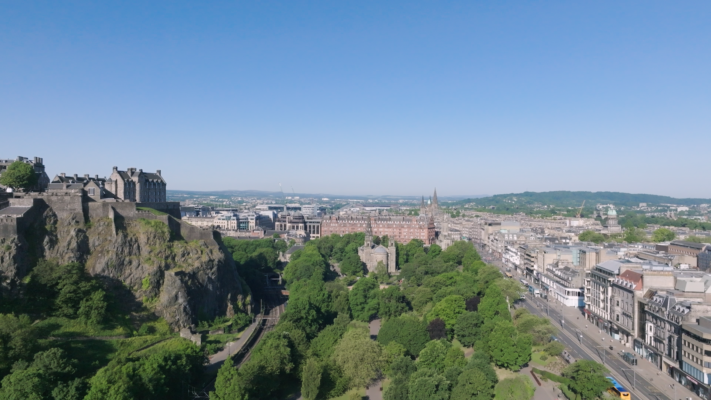 Drone image of Princes Street Gardens, Edinburgh Castle and Edinburgh West End